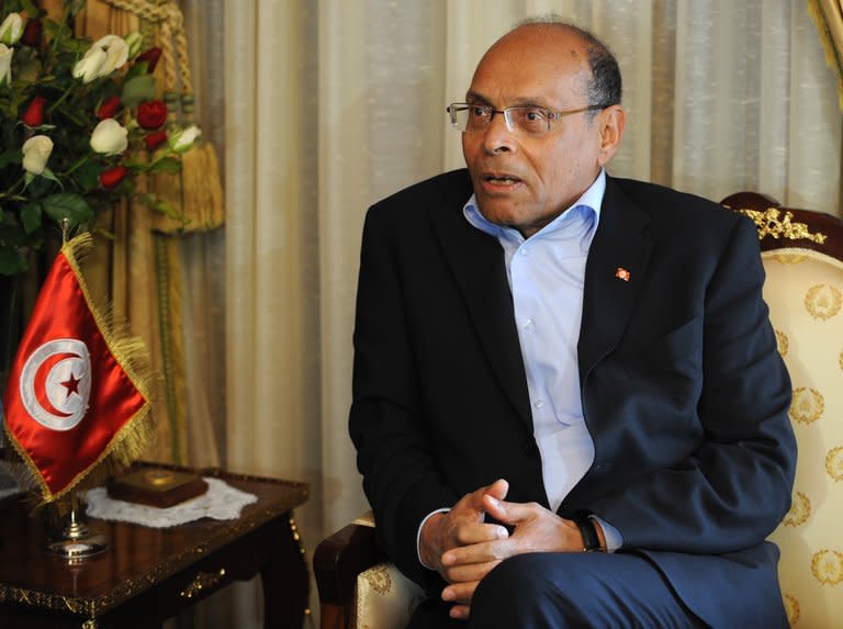 Tunisian President Moncef Marzouki meets with ruling party leader Rached Ghannouchi (unseen), on February 20, 2013, in Carthage palace in Tunis. Tunisia was in political limbo on Wednesday as Marzouki suffered setbacks in his bid to replace Prime Minister Hamadi Jebali, who quit after failing in his plan to form a non-partisan cabinet