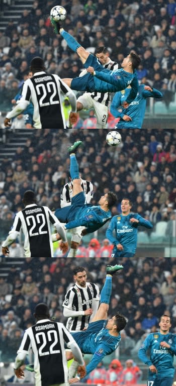 Ronaldo's spectacular goal when with Real Madrid against Juve in April but applauded by his new Italian club's fans