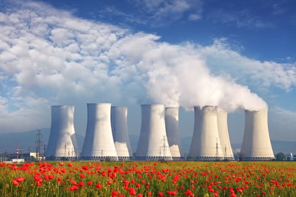 A nuclear power plant with a field of flowers in the foreground