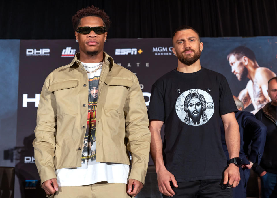 HOLLYWOOD, CALIFORNIA - MARCH 30: Devin Haney (L) and Vasiliy Lomachenko (R) pose during the press conference prior to their May 20 undisputed lightweight championship fight at The Ray Dolby Ballroom on March 30, 2023 in Hollywood, California. (Photo by Jeff Lewis/Top Rank Inc via Getty Images)