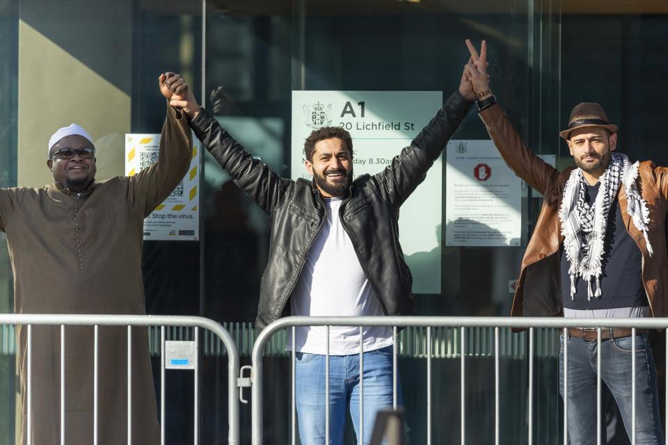 Survivors gesture outside the High Court in Christchurch, New Zealand, Thursday, August 27, 2020. Source: AAP