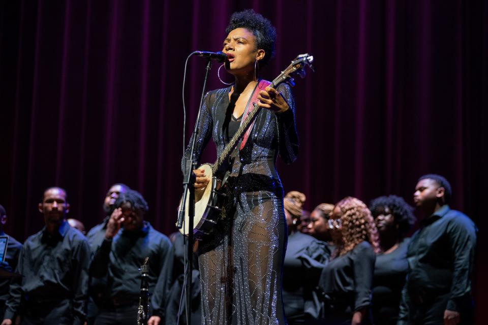 Allison Russell performs with the Fisk Jubilee Singers in 2022 at the Ryman Auditorium in Nashville.