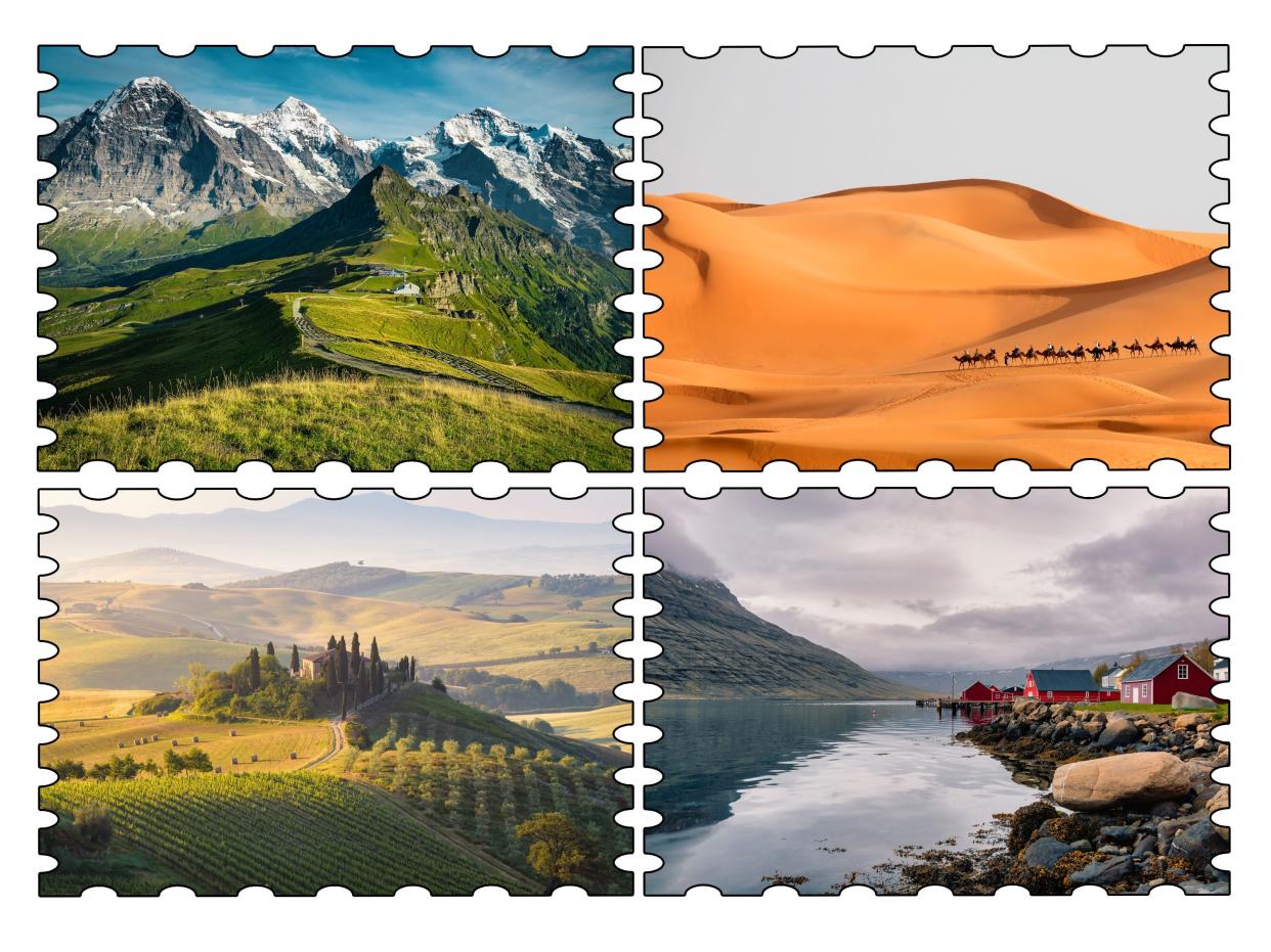 Top Left: Picturesque snowy mountain ridges and deep valleys with green fields with blue skies Top Right: nomad man leading camel train of tourists through vast sand dunes Bottom Left: Picturesque meadows and rolling hills with crops surrounding a villa in the center of the image Bottom Right: seaside village in the mid of the eastern Fjords of the left side of the image and the red-colored houses and fishing sheds lined up and down the shore on the right