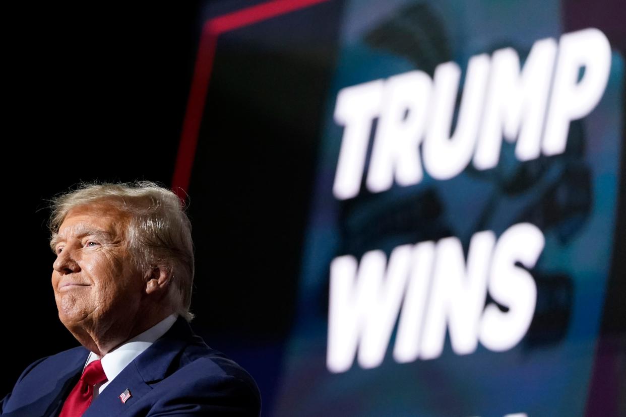 Former President Donald Trump, the frontrunner for the 2024 GOP nomination, speaks at a caucus night party in Des Moines, Iowa, Monday, Jan. 15, 2024.