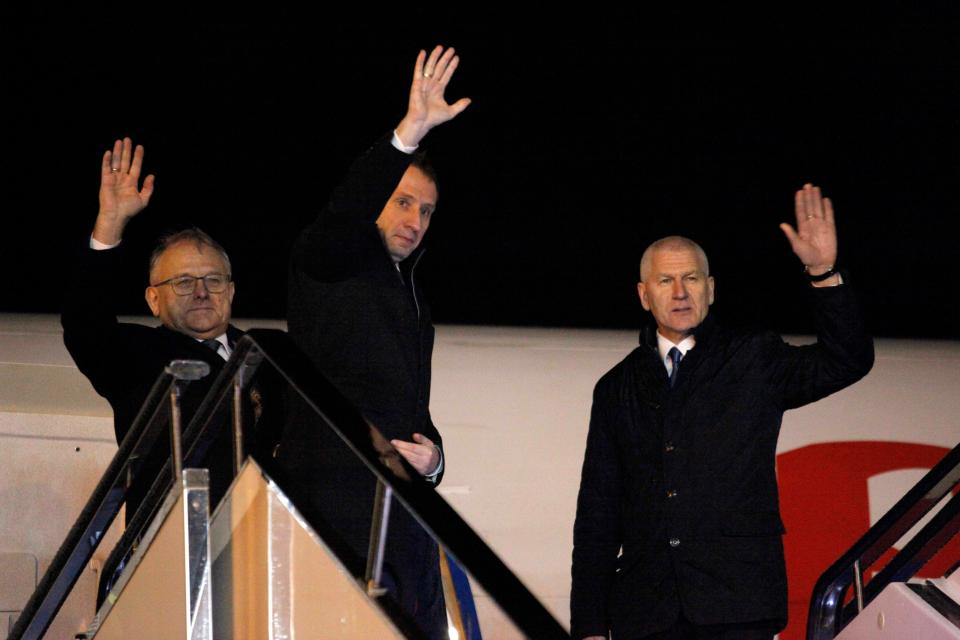 Russian government delegation headed by Russia’s natural resources minister, Alexander Kozlov, center, leave Pyongyang Airport in Pyongyang, (AP)