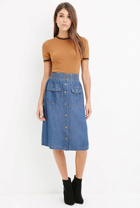 <p>The Fifth Label Dance Chambray Skirt, $79, <a href="http://www.forever21.com/Product/Product.aspx?BR=f21&Category=women-new-arrivals-clothing-jeans&ProductID=2000180250&VariantID=" rel="nofollow noopener" target="_blank" data-ylk="slk:forever21.com;elm:context_link;itc:0;sec:content-canvas" class="link ">forever21.com</a><br></p>