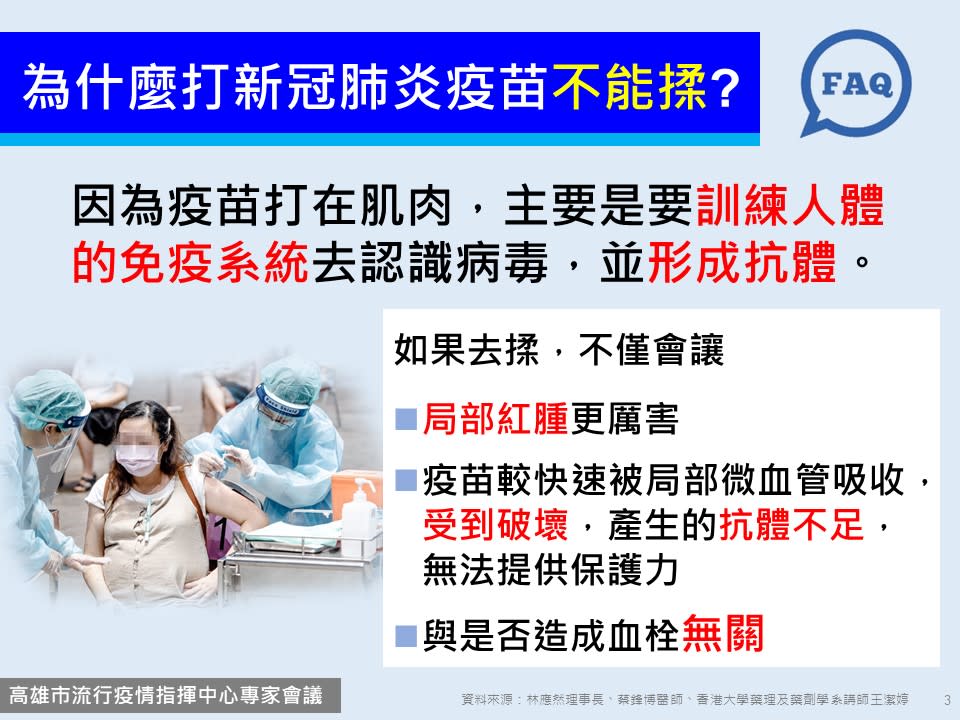 打完新冠疫苗不能揉注射部位。（圖／高雄市政府提供）