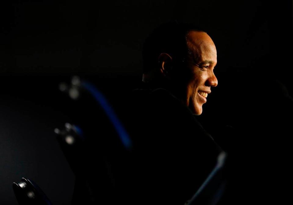 N.C. State head coach Kevin Keatts smiles during an interview prior to the Wolfpack’s NCAA second round game against Oakland on Friday, March 22, 2024, at PPG Paints Arena in Pittsburgh, Pa. Kaitlin McKeown/kmckeown@newsobserver.com