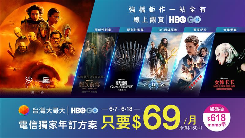 台灣大「618年中慶」期間，申辦HBO GO年約方案，每月只要半價69元(原價150元月)，再抽618元momo幣。（圖／品牌業者提供）