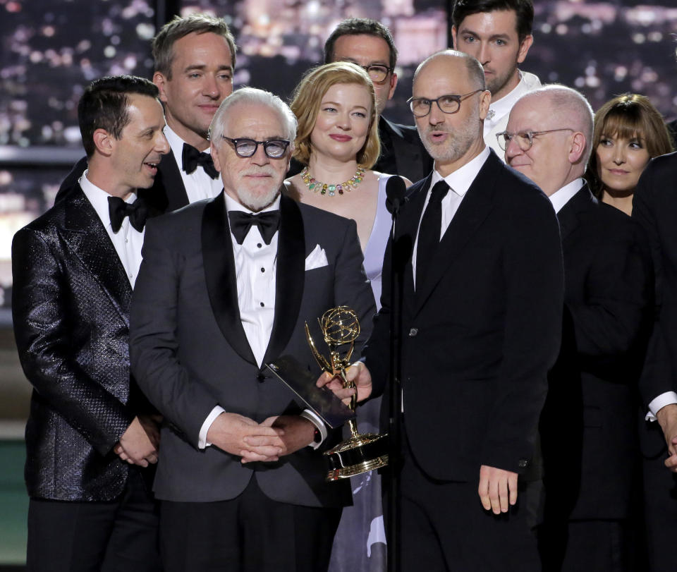 Brian Cox looks on as Jesse Armstrong accepts the Outstanding Drama Series award for Succession at the 2022 Emmy Awards.