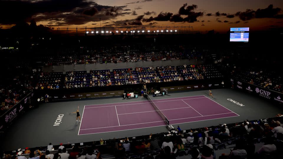 Aryna Sabalenka of Belarus plays American Jessica Pegula of United States during day 3 of the WTA Finals in Cancun, Mexico. - Clive Brunskill/Getty Images