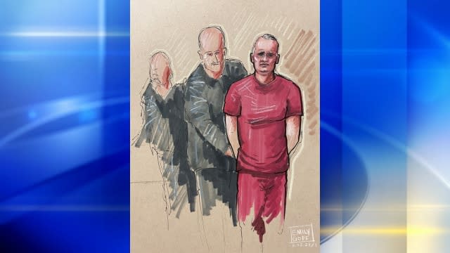 Pittsburgh synagogue gunman Robert Bowers being handcuffed by marshalls after the judge formally sentenced him to death.