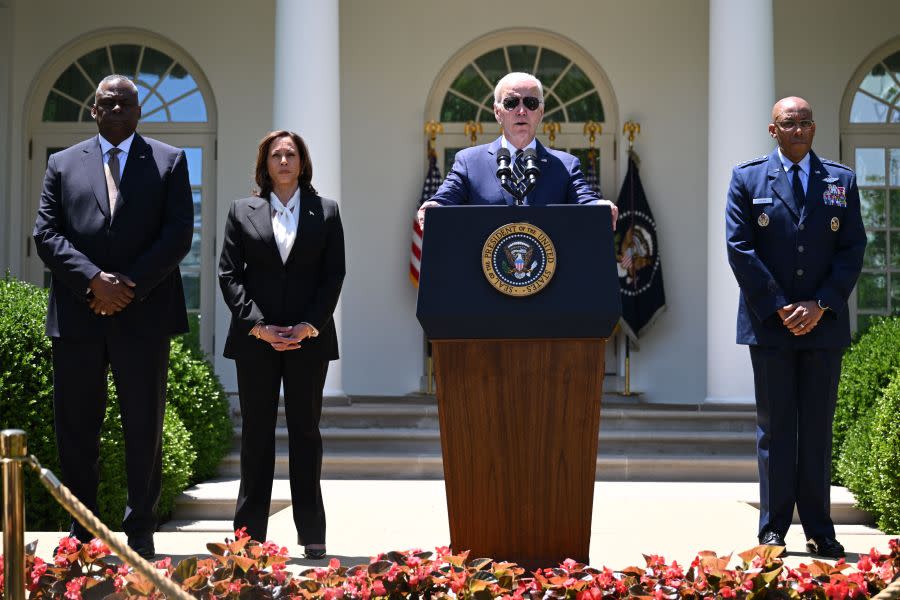 U.S. President Joe Biden, with Vice President Kamala Harris (2nd left) and Defense Secretary Lloyd Austin (left), announces his nomination of Air Force General Charles Brown, Jr. (right), to serve as the next chairman of the Joint Chiefs of Staff, in the Rose Garden of the White House on May 25, 2023, in Washington, D.C. Brown would become the second Black officer to serve as chairman of the Joint Chiefs of Staff — after Colin Powell from 1989 to 1993. (Photo by Mandel NGAN / AFP) (Photo by MANDEL NGAN/AFP via Getty Images)