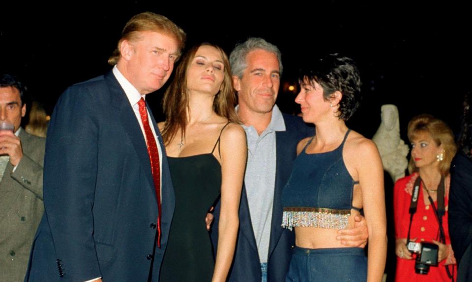 From left, Donald Trump and his then-girlfriend (now wife), Melania Knauss, financier (and future convicted sex offender) Jeffrey Epstein, and British socialite Ghislaine Maxwell pose together at Trump's Mar-a-Lago club in Palm Beach, Florida, on Feb. 12, 2000. Fox News recycled the photo on Sunday, but its viewers would not have seen Trump. (Photo: Davidoff Studios Photography via Getty Images)