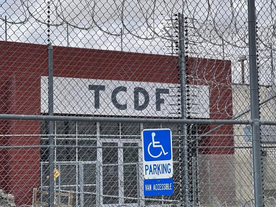 The front entrane of the Torrance County Detention Facility in Estancia, N.M. is seen on Monday, March 21, 2022. The facility has been managed by CoreCivic, a private company, since 2019.