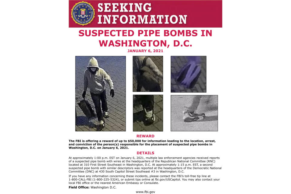 This image from an FBI poster seeking a suspect who allegedly placed pipe bombs in Washington on Jan. 6, 2021. Three years after the attack on the U.S. Capitol, Washington's federal courthouse is flooded with trials, guilty plea hearings and sentencings stemming from what has become the largest criminal investigation in American history. One of the biggest remaining mysteries surrounding the riot is the identity of the person who placed two pipe bombs outside the offices of the Republican and Democratic national committees the day before the Capitol attack. (FBI via AP)