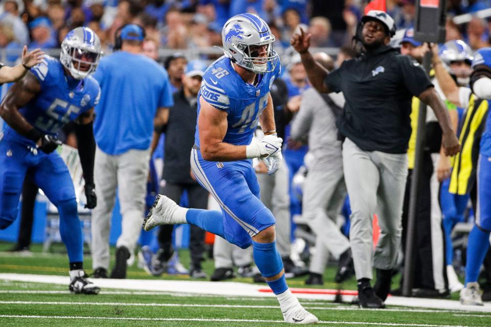 Detroit Lions linebacker Jack Campbell (46) celebrates a sack <a class="link " href="https://sports.yahoo.com/nfl/teams/atlanta/" data-i13n="sec:content-canvas;subsec:anchor_text;elm:context_link" data-ylk="slk:Atlanta Falcons;sec:content-canvas;subsec:anchor_text;elm:context_link;itc:0">Atlanta Falcons</a> quarterback <a class="link " href="https://sports.yahoo.com/nfl/players/34030" data-i13n="sec:content-canvas;subsec:anchor_text;elm:context_link" data-ylk="slk:Desmond Ridder;sec:content-canvas;subsec:anchor_text;elm:context_link;itc:0">Desmond Ridder</a> (9) during the first half at Ford Field in Detroit on Sunday, Sept. 24, 2023.