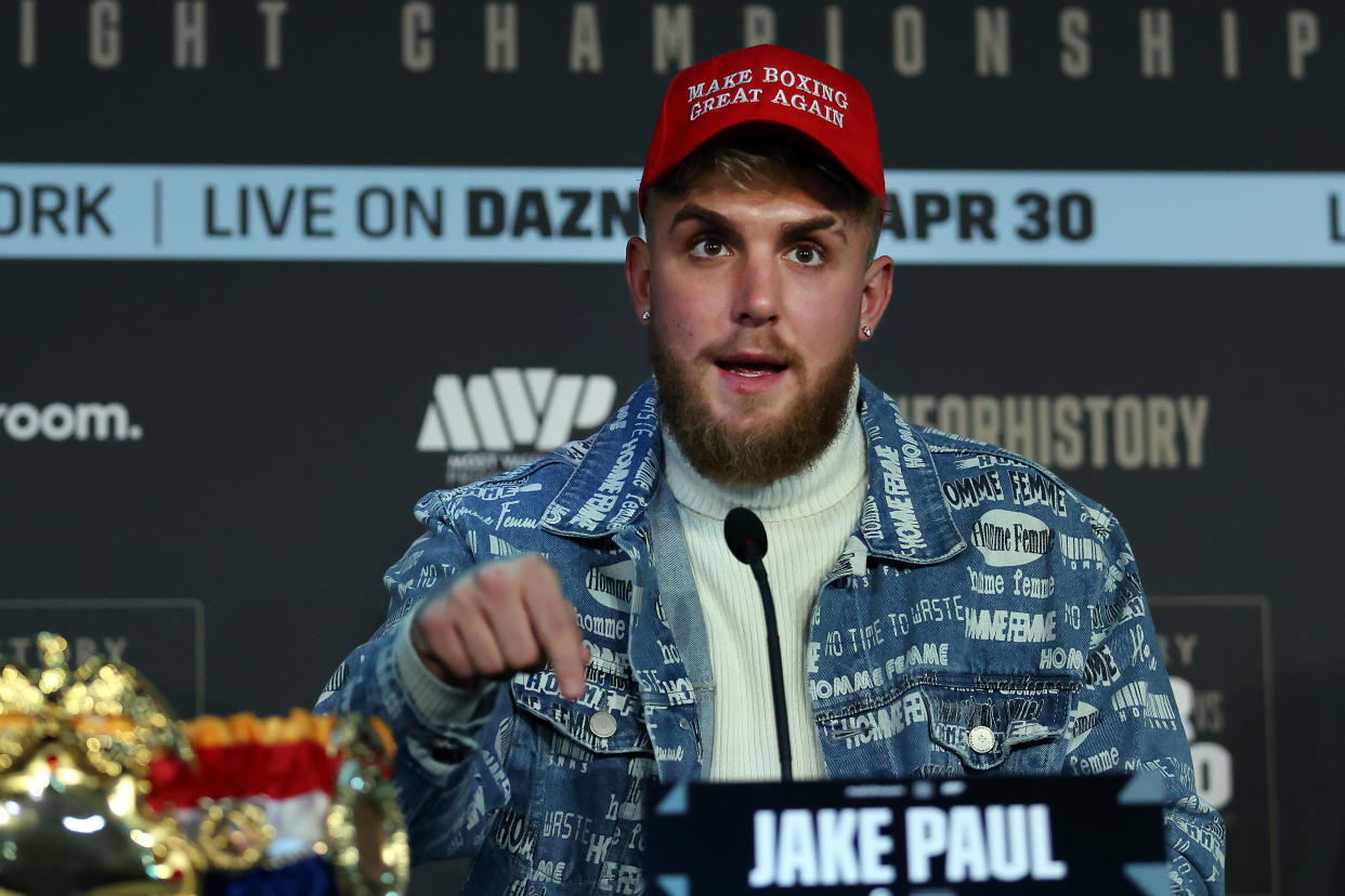 Jake Paul talks to the media ahead of the fight between Katie Taylor and Amanda Serrano at The Leadenhall Building on Feb. 7, 2022 in London. - Credit: Warren Little/Getty Images