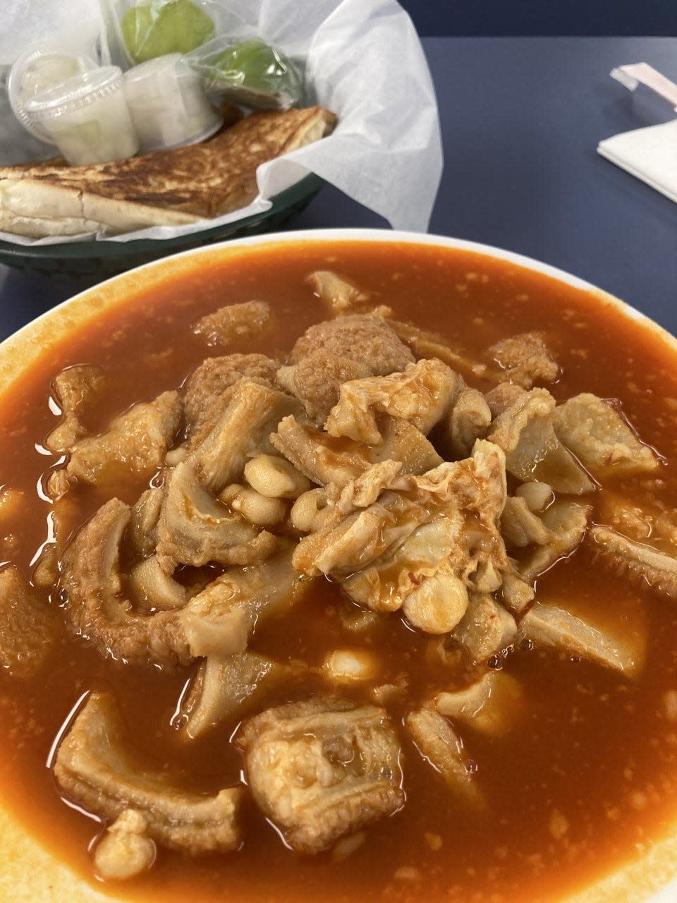 A bowl of tripe, cooked with hominy.