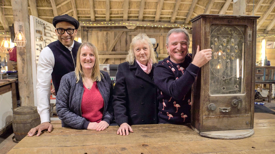 The Repair Shop Flickball Machine Arrival with Jay Blades, Ruth Banks, Rosalie Burkinshaw, Geoff Harvey. (BBC/Ricochet)