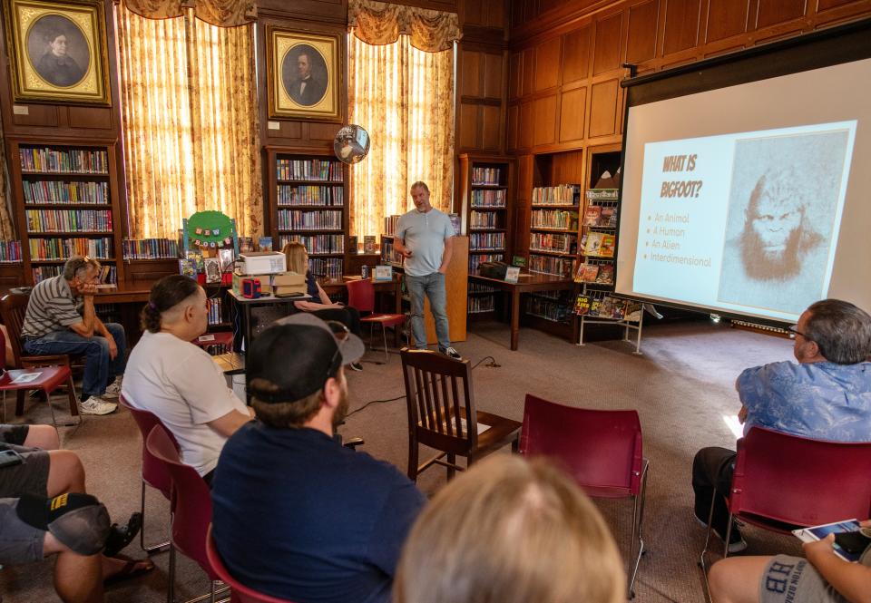 NORTHBRIDGE - Bigfoot expert Ronny Le Blanc gives a talk at the Whitinsville Social Library Tuesday, June 27, 2023.