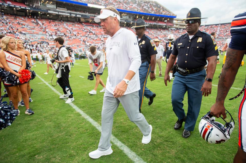 Auburn Tigers head coach Hugh Freeze walks off the field after the game as Auburn Tigers take on California Golden Bears at Jordan-Hare Stadium in Auburn, Ala., on Saturday, Sept. 7, 2024. California Golden Bears defeated Auburn Tigers 21-14.