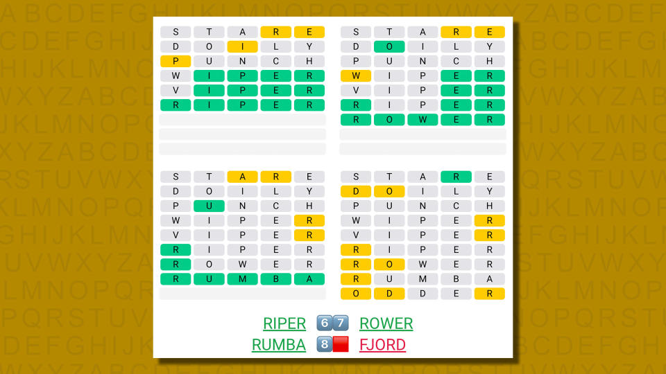 Quordle answers for game 588 on a yellow background