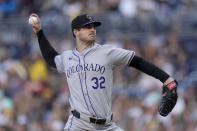 Colorado Rockies starting pitcher Dakota Hudson works against a San Diego Padres batter during the second inning of a baseball game, Monday, May 13, 2024, in San Diego. (AP Photo/Gregory Bull)