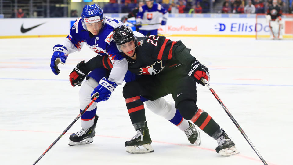 Dylan Cozens submitted another strong performance during Canada's 6-1 win against Slovakia at the World Juniors. (Peter Kovalev\TASS via Getty Images)