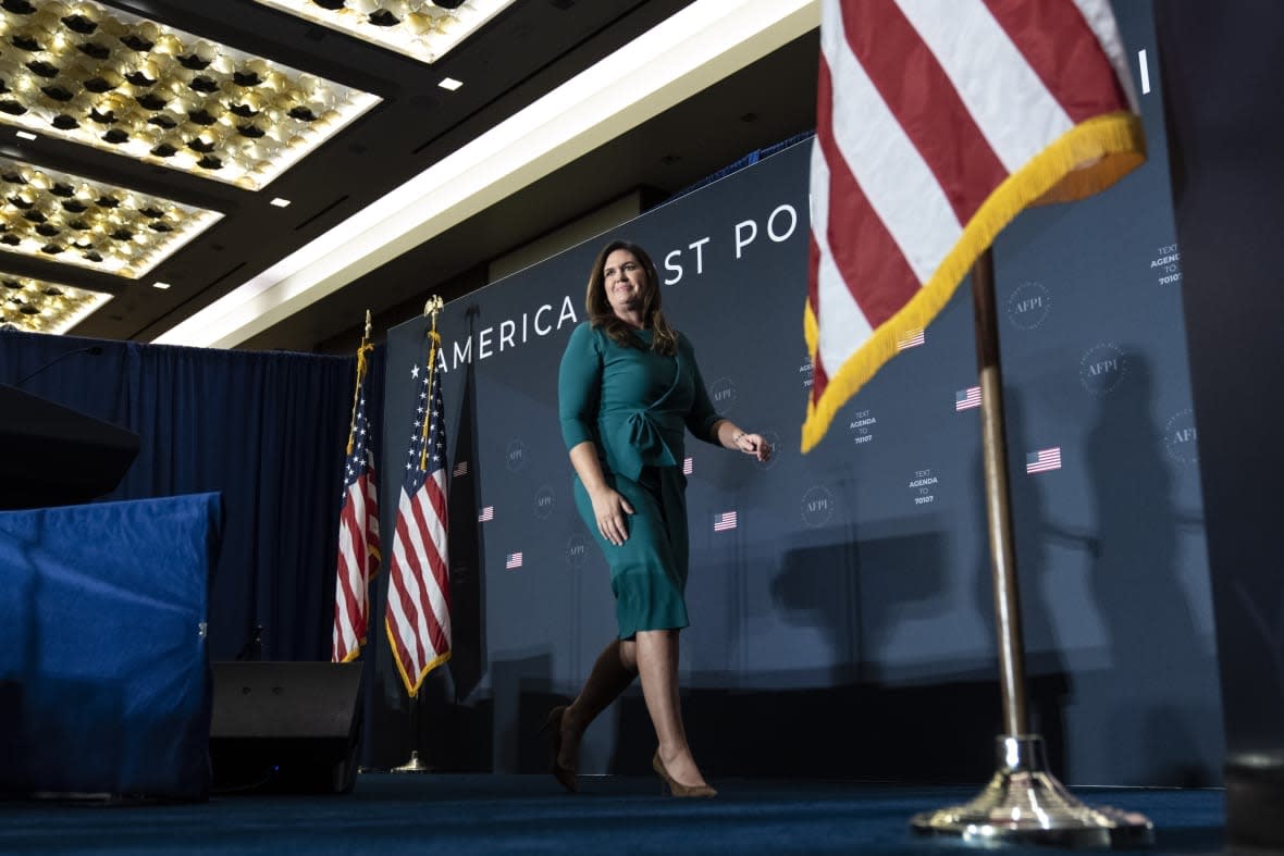 Sarah Huckabee Sanders, Republican nominee for Governor of Arkansas, departs the stage after speaking during the America First Agenda Summit, at the Marriott Marquis Hotel on July 26, 2022 in Washington, DC. (Photo by Drew Angerer/Getty Images)