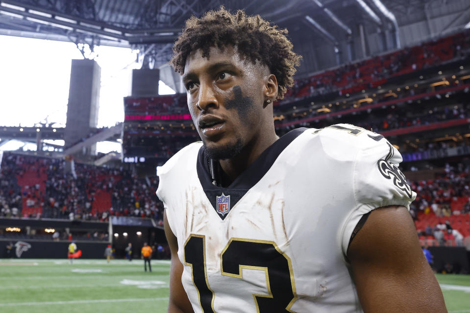 ATLANTA, GEORGIA - SEPTEMBER 11: Michael Thomas #13 of the New Orleans Saints reacts after defeating the Atlanta Falcons 27-26 at Mercedes-Benz Stadium on September 11, 2022 in Atlanta, Georgia. (Photo by Todd Kirkland/Getty Images)