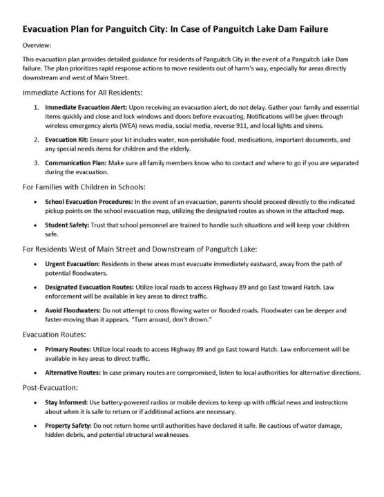 An image of the Panguitch City and school evacuation plan. The plan was handed out to residents at a town hall meeting on April 10, 2024. (Courtesy: Department of Public Safety)