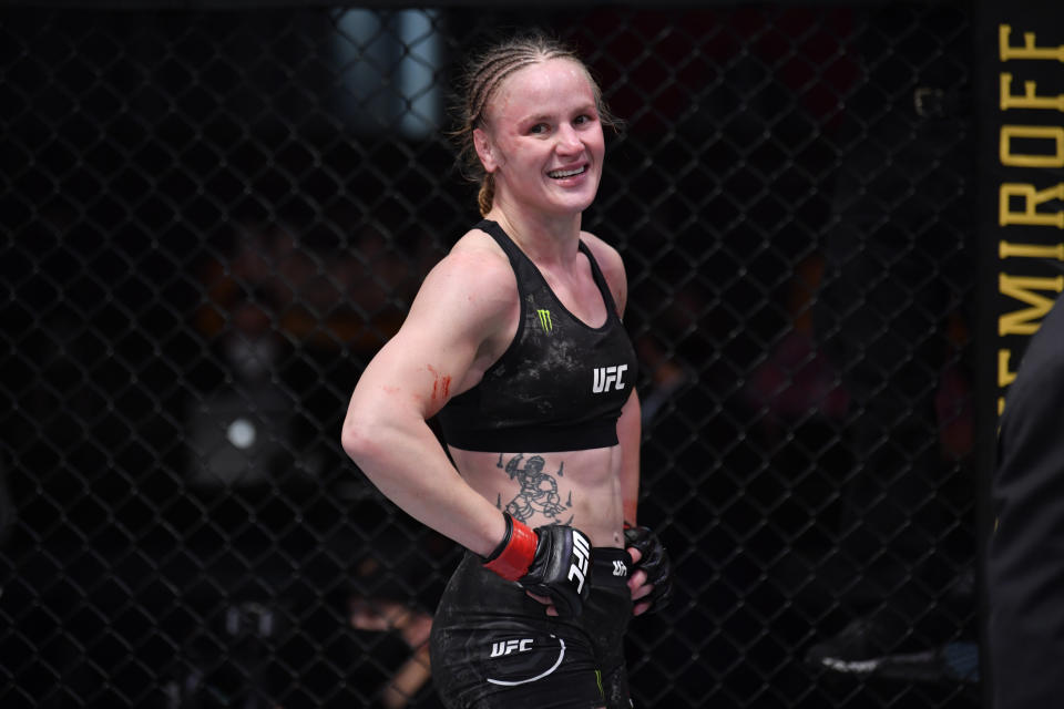 LAS VEGAS, NEVADA - NOVEMBER 21:  Valentina Shevchenko of Kyrgyzstan reacts after her women's flyweight championship bout against Jennifer Maia of Brazil during the UFC 255 event at UFC APEX on November 21, 2020 in Las Vegas, Nevada. (Photo by Jeff Bottari/Zuffa LLC)