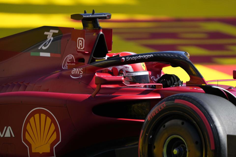 Ferrari driver Charles Leclerc of Monaco steers his car during the first free practice at the Baku circuit, in Baku, Azerbaijan, Friday, June 10, 2022. The Formula One Grand Prix will be held on Sunday. (AP Photo/Sergei Grits)