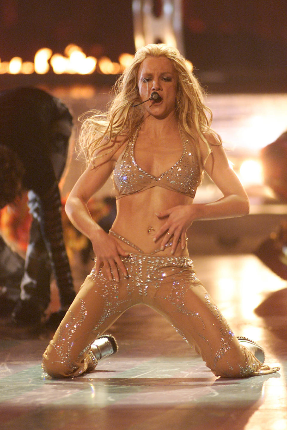 Britney Spears (wearing David Dalrymple) performing on the 2000 MTV Video Music Awards at Radio City Music Hall in new York City, 9/7/00. (Photo by Frank Micelotta/Getty Images)