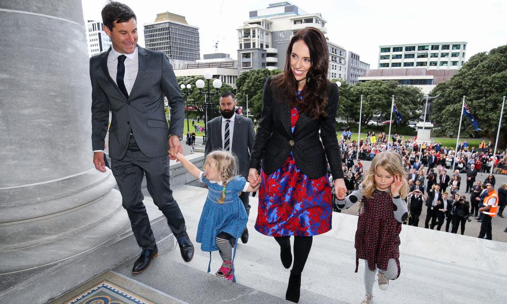 New Zealand prime minister, Jacinda Ardern, with her nieces and partner, Clarke Gayford