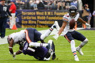 <p>Baltimore Ravens wide receiver Breshad Perriman (11) is hit and the ball is intercepted in the second quarter on October 15, 2017, at M&T Bank Stadium in Baltimore, MD. (Photo by Mark Goldman/Icon Sportswire) </p>