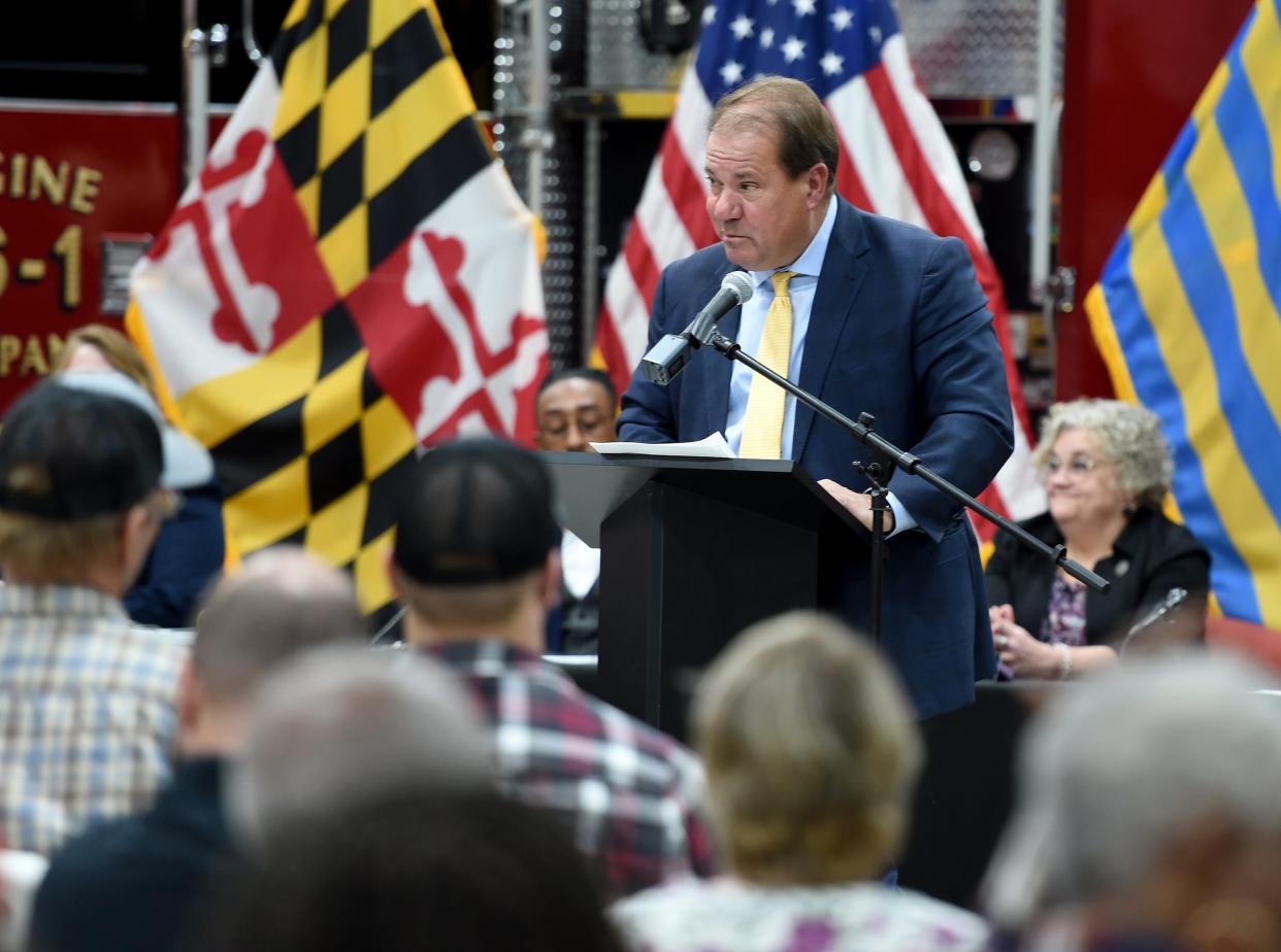 Mayor Randy Taylor gives a speech after being sworn-in Monday, Nov. 20, 2023, at Fire Station 16 in Salisbury, Maryland.