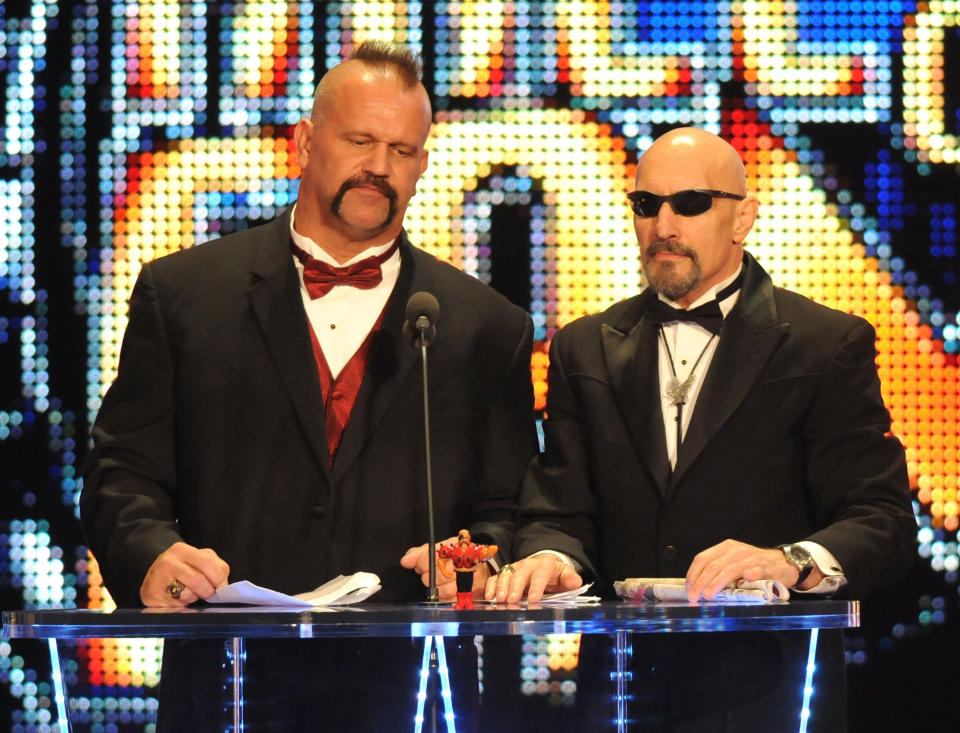 Road Warrior Animal and manager Paul Ellering attend the WWE 2011 Hall Of Fame Induction at Philips Arena on April 2, 2011 in Atlanta, Georgia. (Photo by George Napolitano/FilmMagic)