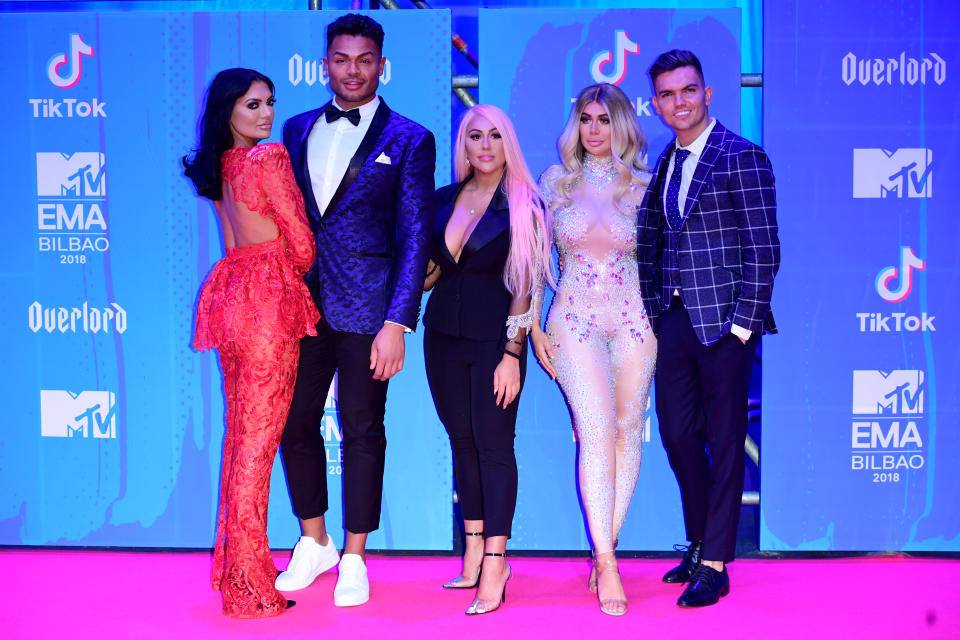 Abbie Holborn, Nathan Henry, Sophie Kasaei, Chloe Ferry and Sam Gowland of Geordie Shore attending the MTV Europe Music Awards 2018 held at the Bilbao Exhibition Centre, Spain. (Photo by Ian West/PA Images via Getty Images)