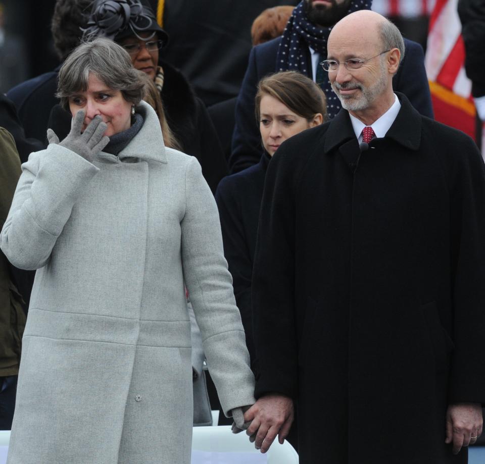 Frances Wolf and her husband Tom become emotional as they listen to Dr. Elizabeth Murphy sing the National Anthem during the inauguration of Tom Wolf, who was sworn in as the 47th governor of Pennsylvania outside of the Capitol in Harrisburg, Pa. on Tuesday, Jan. 20, 2015.  Jason Plotkin - Daily Record/Sunday News