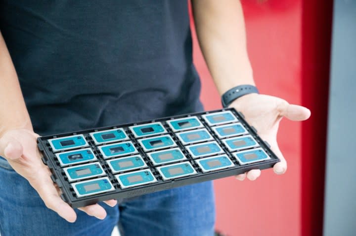 A tray of Intel Core Ultra CPUs.