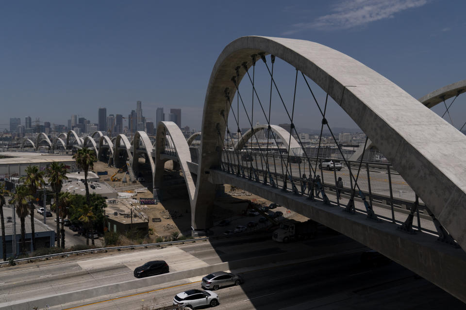 The 6th Street Viaduct is photographed in Los Angeles, Wednesday, July 27, 2022. The newest bridge in Los Angeles, a $588-million architectural marvel with views of the downtown skyline, opened to great fanfare on July 10. It has already been closed, to great dismay, several times since then amid chaos and collisions. (AP Photo/Jae C. Hong)