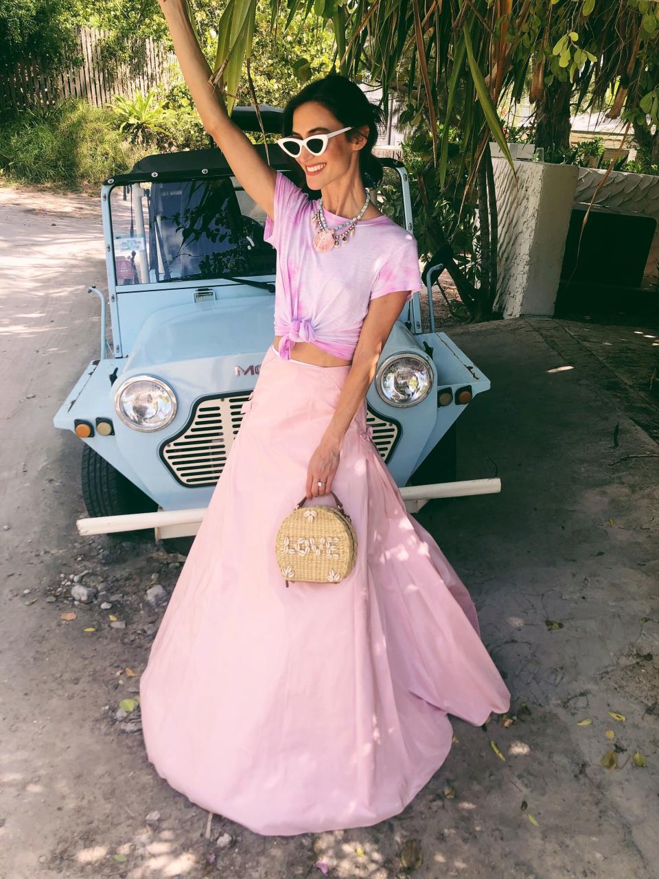 Post-wedding and thinking pink (and turquoise) in a Dannijo taffeta skirt, tie-dye tee, and jewels. My bag is Dannijo x Poolside. Now off to the honeymoon!