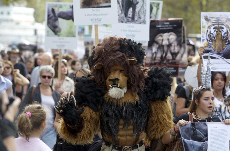 A protester dressed as a lion takes part in a demonstration in Paris as part of the Global March for Elephants, Rhinos and Lions on October 4, 2014