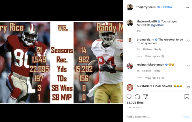 Jerry Rice replies to Randy Moss about who the GOAT is, deletes post