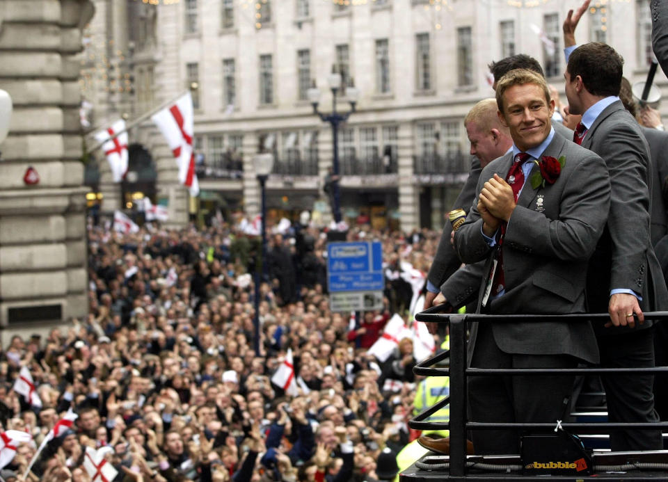 England’s rugby players during their bus parade in 2003.