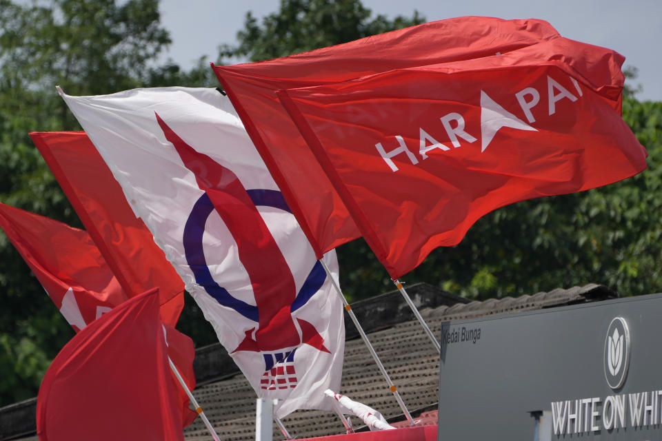 FILE - Pakatan Harapan (Alliance of Hope) coalition flag is displayed in Petaling Jaya in Selangor state, Malaysia, on Nov. 20, 2022. Six of Malaysia’s 13 states are holding elections now because the local governments refused to call for early polls at the same time as general elections in November. They cited the need to prepare for floods during the year-end annual monsoon season. (AP Photo/Vincent Thian, File)