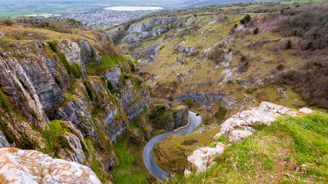 Cheddar Gorge viewed from above in Cheddar, Somerset, England