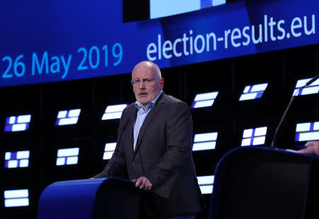 Frans Timmermans, candidate of the Party of European Socialists (PES), speaks during the final estimation of the results of the European Parliament election in Brussels, Belgium, May 27, 2019. REUTERS/Yves Herman